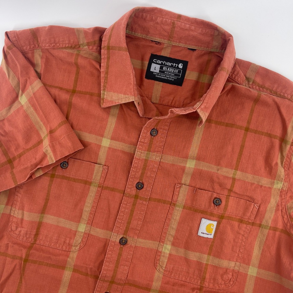 Carhartt Men's Plaid Short Sleeve‎ Button Down Relaxed Fit Workwear Orange L